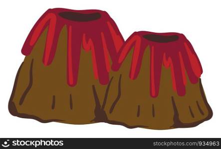 Painting of two volcanoes exploding in fiery when molten rock, ash, and steam pour through a vent in the earth's crust, vector, color drawing or illustration.