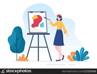Painting Outdoors Flat Illustration with Someone who Paints using Easel, Canvas, Brushes and Watercolor for Poster or Workshops Designs