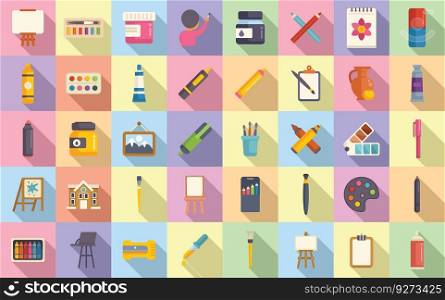 Painting school icons set flat vector. Class student. Graduate study. Painting school icons set flat vector. Class student