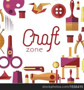 Painting sewing and repairing tools frame art and hobby craft zone vector palette and origami needles and paintbrush scissors, and thread repair tools and easel button and paint pliers and needles. Craft zone painting sewing and repairing tools frame