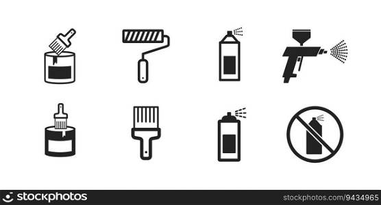 painting spray icons set, brush icon, painter tool, bucket of paint, airbrush concept, vector illustration