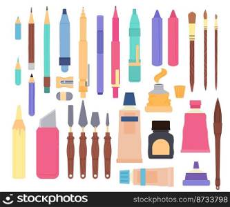 Painting supplies. Artists tools and art paint instruments. Equipment for drawing, brushes pencil, watercolors palette. Studio decent vector bundle. Illustration of instrument drawing. Painting supplies. Artists tools and art paint instruments. Equipment for drawing, brushes pencil, watercolors palette. Studio decent vector bundle