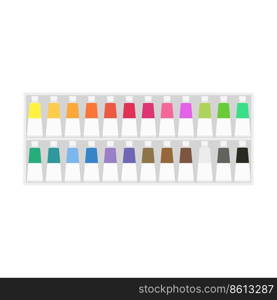 Painting supplies, color palettes, colorful tubes, watercolors, oil paints, acrylic paints.