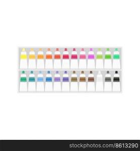 Painting supplies, color palettes, colorful tubes, watercolors, oil paints, acrylic paints.