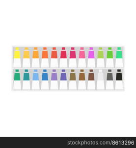 Painting supplies, color palettes, colorful tubes, watercolors, oil paints, acrylic paints.