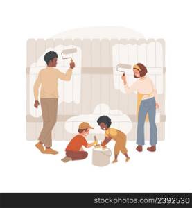 Painting the fence isolated cartoon vector illustration Family members painting the fence together, seasonal outdoor work, happy children holding brush, help parents to paint vector cartoon.. Painting the fence isolated cartoon vector illustration