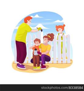 Painting the fence isolated cartoon vector illustration. Family members painting the fence together, seasonal outdoor work, happy children holding brush, help parents to paint vector cartoon.. Painting the fence isolated cartoon vector illustration.