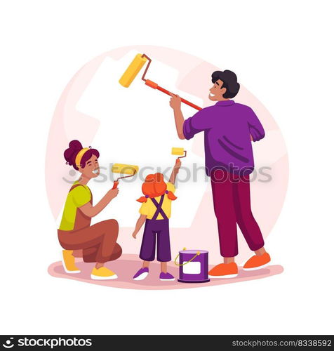 Painting the walls indoors isolated cartoon vector illustration. Happy family members painting a room in bright color, doing home renovation together, children help parents vector cartoon.. Painting the walls indoors isolated cartoon vector illustration.