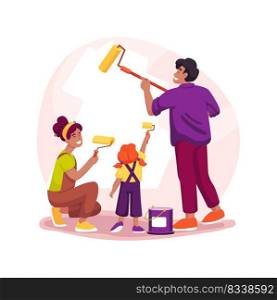 Painting the walls indoors isolated cartoon vector illustration. Happy family members painting a room in bright color, doing home renovation together, children help parents vector cartoon.. Painting the walls indoors isolated cartoon vector illustration.
