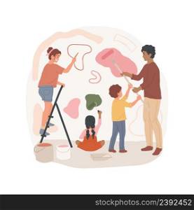 Painting the walls indoors isolated cartoon vector illustration Happy family members painting a room in bright color, doing home renovation together, children help parents vector cartoon.. Painting the walls indoors isolated cartoon vector illustration