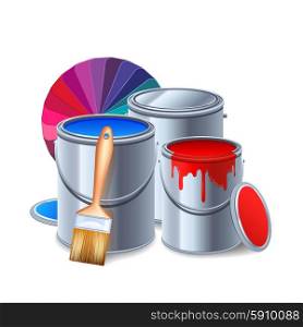 Painting Tools Composition . Painting tools and equipment realistic composition with paint cans vector illustration