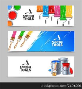 Painting tools realistic horizontal banners set with brush and paint roller isolated vector illustration . Painting Tools Banners Set
