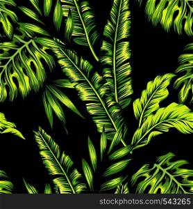 Painting tropic summer seamless vector pattern with palm banana leaf and plants. Floral background jungle. Print trendy bunch exotic flower wallpaper.