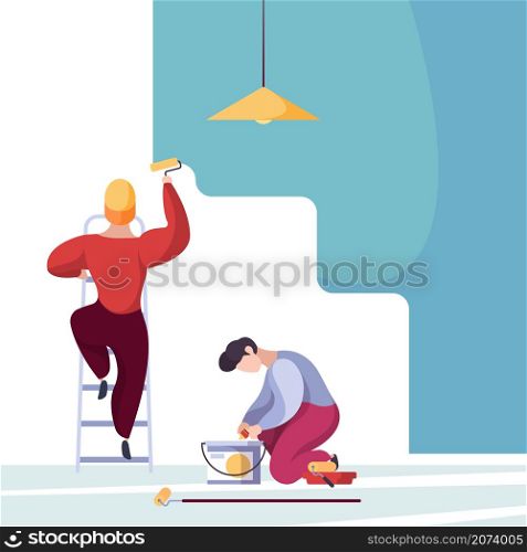 Painting wall. Service handyman workers home repair builders garish vector background. Repair and paint wall, handyman work with interior illustration. Painting wall. Service handyman workers home repair builders garish vector background