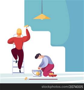 Painting wall. Service handyman workers home repair builders garish vector background. Repair and paint wall, handyman work with interior illustration. Painting wall. Service handyman workers home repair builders garish vector background