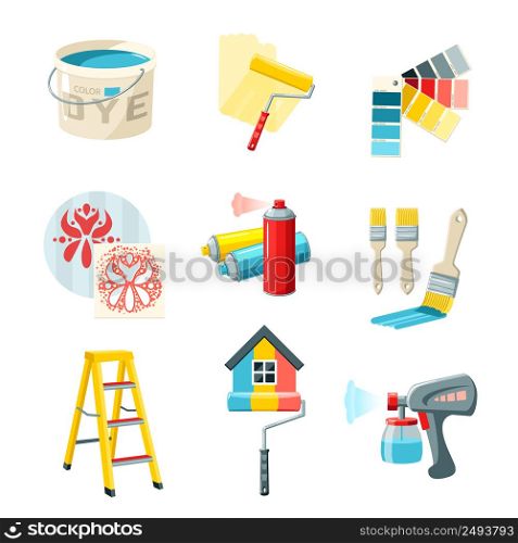 Painting work decorative icons set with bucket roller color palette isolated vector illustration. Painting Work Set