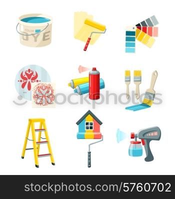 Painting work decorative icons set with bucket roller color palette isolated vector illustration. Painting Work Set