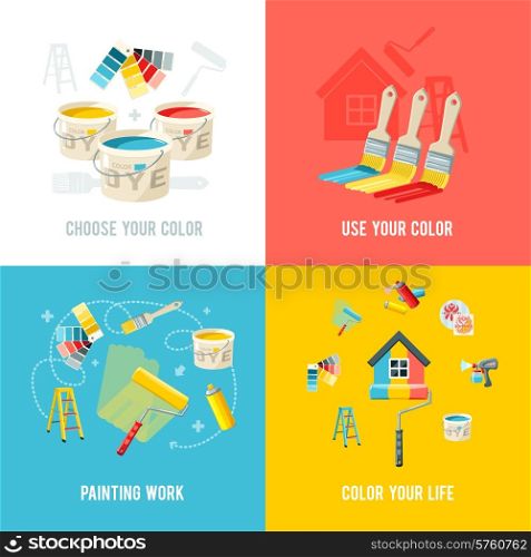 Painting work design concept set with color supplies and equipment flat icons isolated vector illustration. Painting Work Design Concept