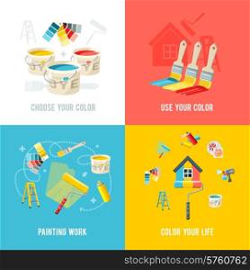 Painting work design concept set with color supplies and equipment flat icons isolated vector illustration. Painting Work Design Concept