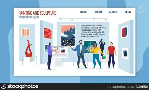 Paintings and Sculpture Exhibition in Art Museum. Responsive Landing Page Layout Design with Gallery Visitors. Cultural Tourism. Personal Guide Showing Exhibiting Artworks. Vector Illustration