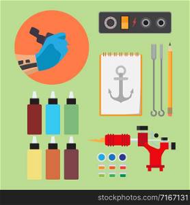 Paints and tools for tattooing flat vector set on light green background. Paints and tools for tattooing