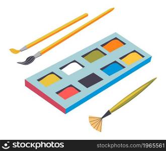 Paints on palette with paint brushes with thick and soft bristle. Isolated watercolor or gouache pigments, art school or university lessons and classes for studying drawing. Vector in flat style. Watercolor paints on palete, aquarelle with brush