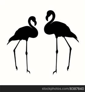 Pair flamingos black silhouette isolated on white background. Two birds stand shadow. Tropical exotic birds flora representatives vector illustration. Pair flamingos black silhouette isolated on white background