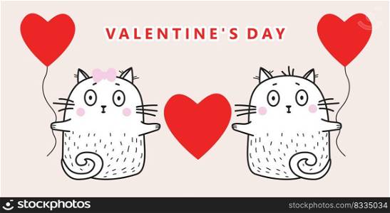 pair in love of white cats with red balloons and heart in their paws on pink background. Vector illustration. Congratulations to Valentines Day. For design, greeting card and decoration