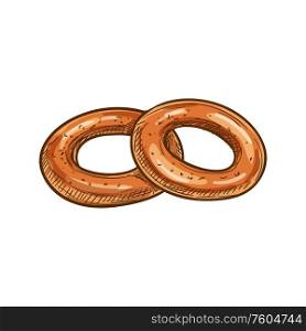 Pair of bagels isolated sketch of bakery food. Vector pastry snacks dense ring shape bread. Ring shape bagel sketch isolated pastry food
