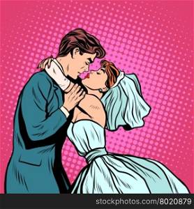 Pair of bride and groom first kiss pop art retro style. Wedding man and woman. Wedding ceremony. The betrothal. Invitation and postcard. Pair of bride and groom first kiss