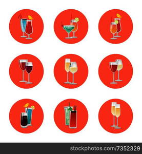 Pair of cocktails in round circles, elite classical and exotic drinks decorated by citrus fruits, umbrella and straw, vector wine and ch&agne isolated. Pair of Cocktails Elite Classical and Exotic Drink