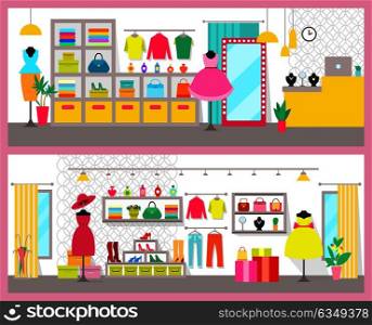 Pair of colorful cards with bright clothes shops, vector illustration pink frames, racks and bags, pairs of shoes, perfumes and jewelry, cute dresses. Pair of Colorful Cards with Bright Clothes Shops