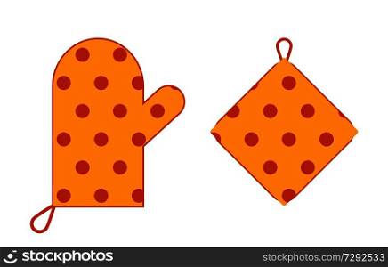 Pair of cute kitchen devices, vector illustration of orange mitten and square cloth with set of red dots and loops, isolated on bright background. Pair of Cute Kitchen Devices Vector Illustration