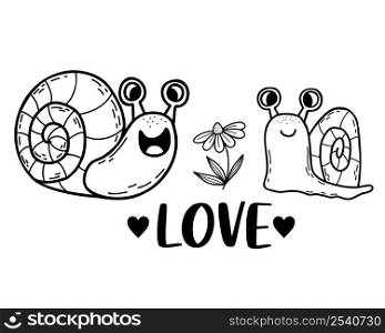 pair of cute snails in love. flower and word love. Linear hand drawn doodle. Funny character clam snail. Vector illustration. For greeting cards, posters, design and decor, valentines