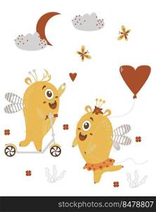 pair of cute yellow monsters. Fantastic characters with wings - monster girl with a balloon and a boy on a scooter. Vector illustration. Kids collection For childrens cards, design, decor and print
