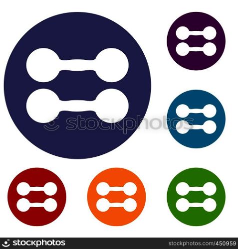 Pair of dumbbells icons set in flat circle reb, blue and green color for web. Pair of dumbbells icons set