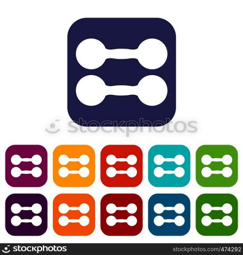 Pair of dumbbells icons set vector illustration in flat style In colors red, blue, green and other. Pair of dumbbells icons set