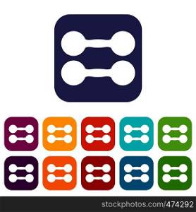Pair of dumbbells icons set vector illustration in flat style In colors red, blue, green and other. Pair of dumbbells icons set