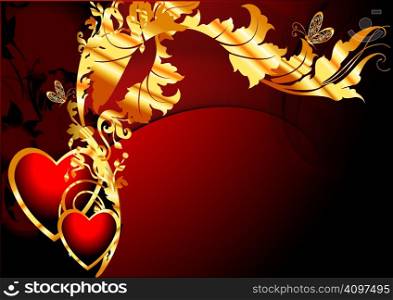Pair of enamoured hearts with a geometrical and vegetative ornament on a red background