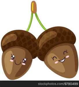 Pair of funny acorns icon kawaii concept over white background. Cheerful cartoon funny cute smiling faces with positive emotions, oak fruit. Japanese culture symbol anime, innocence, childishness. Pair of funny acorns kawaii concept over white background, cute smiling faces with positive emotions
