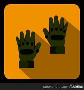 Pair of green paintball gloves icon in flat style on a yelllow background vector illustration. Pair of green paintball gloves icon, flat style