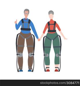 Pair of happy healthy old people in exosuits. Innovation in medicine. Elderly family. Exoskeleton for people with disabilities. Vector flat image for articles, cards and your creativity.. Pair of happy healthy old people in exosuits. Innovation in medicine. Elderly family. Exoskeleton for people with disabilities. Vector flat image