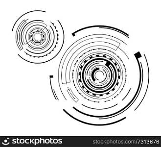 Pair of Interface patterns vector illustration with two black orbits polygons, variety of fat lines, lot of dots, circles isolated on white background. Pair of Interface Patterns Vector Illustration