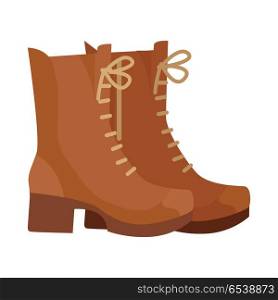 Pair of leather boots. Warm high top boots with heel from suede for autumn or winter seasons flat vector illustration isolated on white background. For shoes store ad, wear concept, app icon, web . Pair of Boots Vector Illustration in Flat Design. Pair of Boots Vector Illustration in Flat Design
