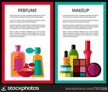 Pair of makeup and perfume vector illustrations with white backdrops, set of bottles, multicolored cosmetic products, text s&le, lot of reflection. Pair of Makeup and Perfume Vector Illustration