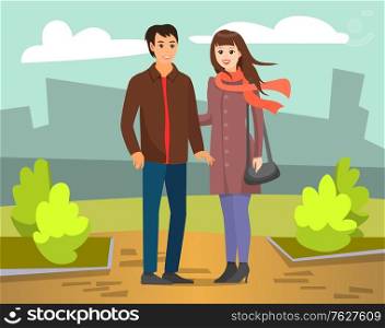 Pair of man and woman having rest in city vector, couple in park flat style. Autumn weather and cityscape with clouds above, characters on weekends. Girl and boy on dating. Flat cartoon. Couple Man and Woman Walking in Autumn City Park