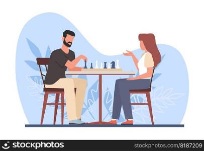 Pair of man and woman playing chess at table. Sport tournament, intelligence hobby, chessboard with figures. Smart young adult players, competitors vector cartoon flat isolated illustration concept. Pair of man and woman playing chess at table. Sport tournament, intelligence hobby, chessboard with figures. Smart young adult players, competitors vector cartoon flat concept