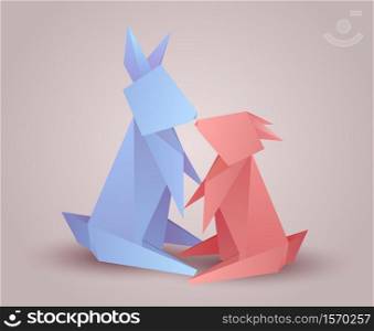 Pair of origami hares. 3d illustration of rabbits. Zoo family. Vector element for cards, postcards and your creativity. Pair of origami hares. 3d illustration of rabbits. Zoo family.