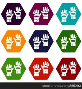 Pair of paintball gloves icon set many color hexahedron isolated on white vector illustration. Pair of paintball gloves icon set color hexahedron