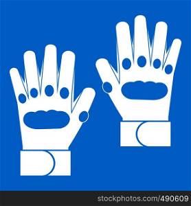 Pair of paintball gloves icon white isolated on blue background vector illustration. Pair of paintball gloves icon white